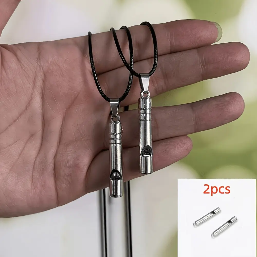 2pcs Stainless Steel Whistles with Leather Lanyard, Silver Color Outdoor Emergency Whistle, Camping Hiking Rescue Gear, Dog Training Whistle