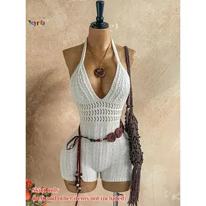 2026Women's Crochet Halter Romper White Hollow Out Backless Slim Fit Knitted Bodysuit for Beach Vacation Summer Festival