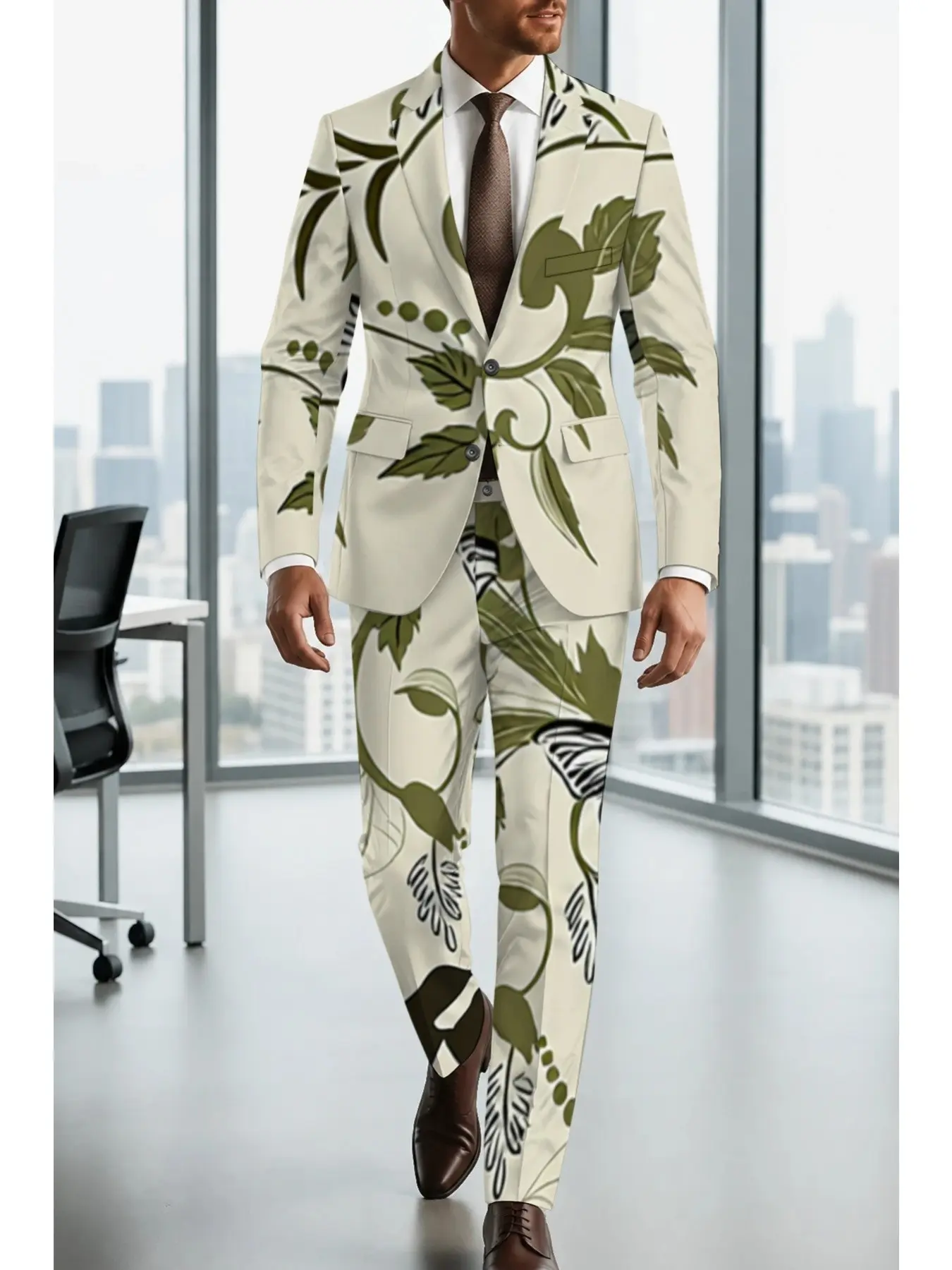 Men's Blazer Two-Piece Set, Olive Vine Butterfly Print, Slim-Fit Casual Suit, Long Sleeve, Perfect for Vacation & Evening Events