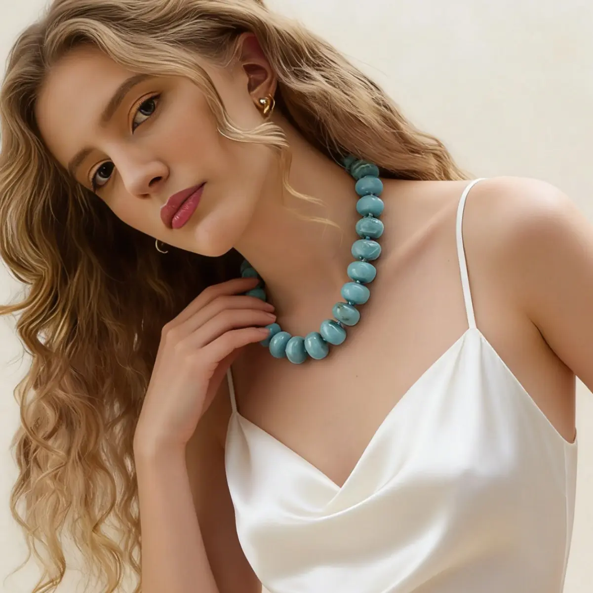Turquoise Jewelry for Women, Chunky Boho Style Necklace with Marbled Faux-Stone Oversized Beads - Adjustable Statement Wear for Resort, Accessories For Women, Chunky Chain Choker, Costume Jewelry Accessory, Decorative Necklace, Resin