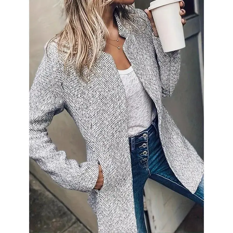 Marled Open Front Blazer, Elegant Long Sleeve Slim Fit Blazer For Winter & Fall, Women's Clothing