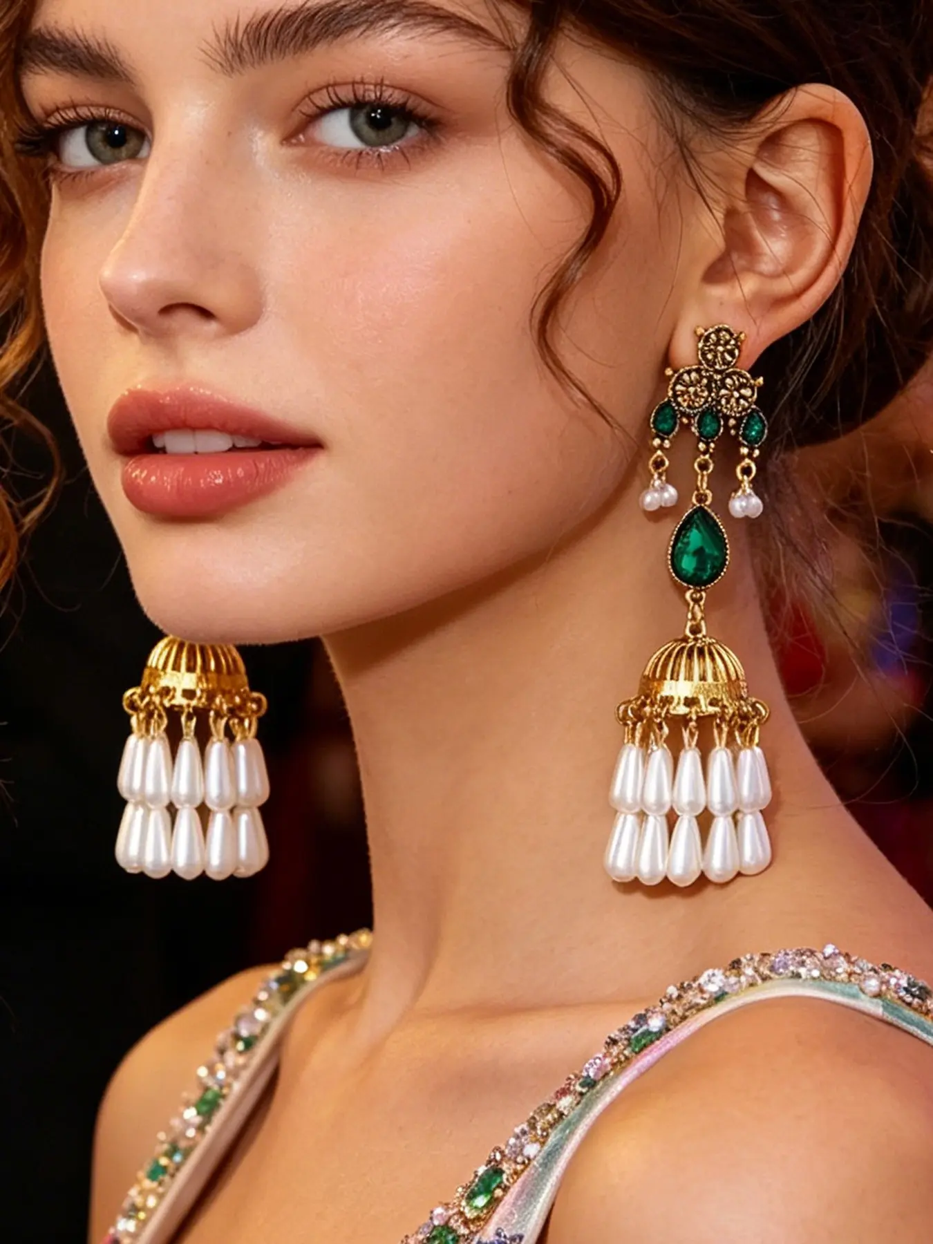 Vintage Gold Pearl Jhumka Earrings for Women Baroque Purple Crystal Statement Chandelier Earrings Boho Ethnic Wedding Party Jewelry Gift 6 Colors Pearl Drop Earrings
