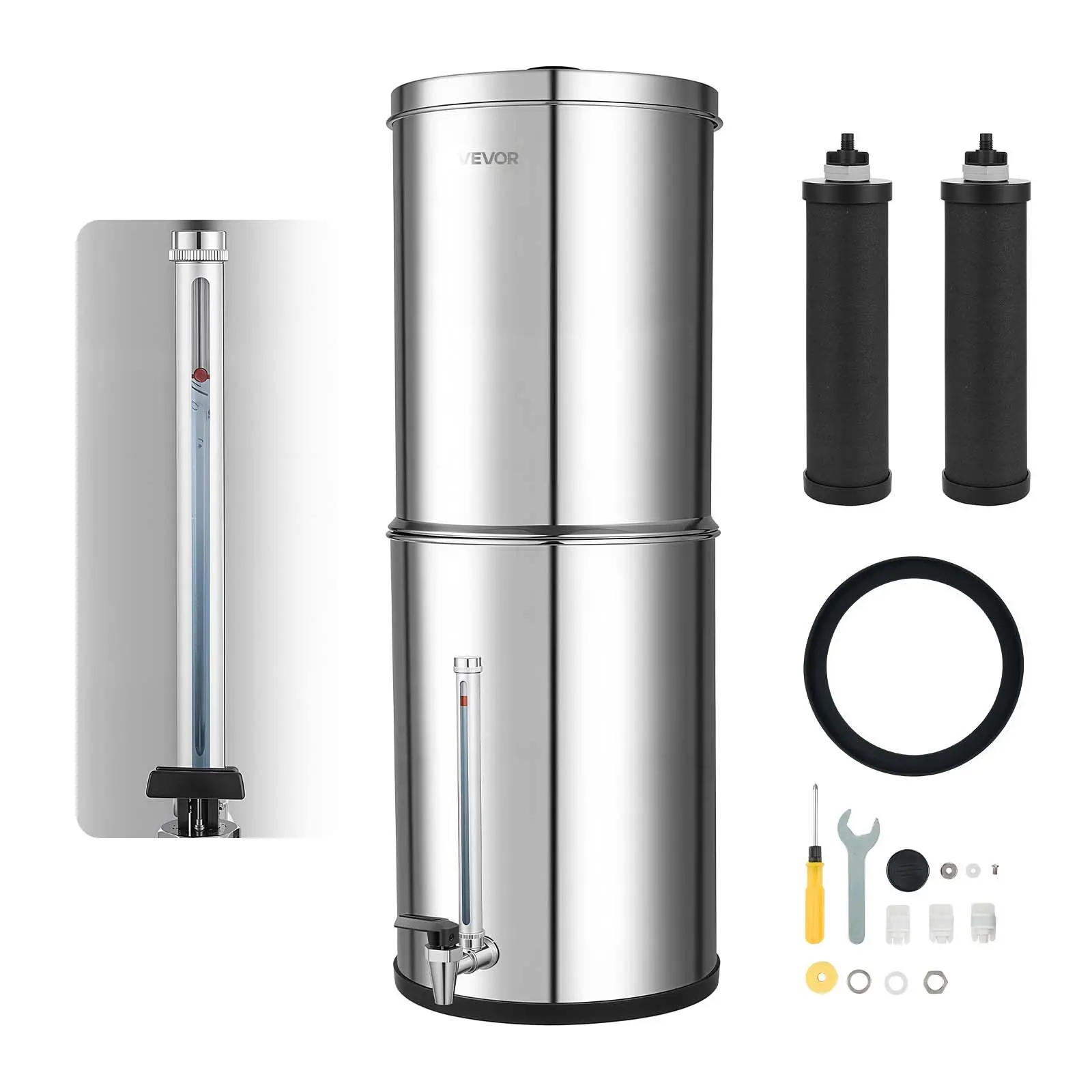 VEVOR Gravity-fed Water Filter System, 3.25G 304 Stainless-Steel Countertop Water Filtration System, Reduces Lead and up to 99 of Chlorine, with 2 Carbon Filters, Water Level Spigot, for Home Camping