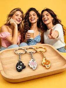 Three-Piece Cloud Split Magnetic Interlock Keychain, Star Sun & Moon Celestial Puzzle Charms in Silver Gold Black Tone,Friendship Gift for BFF & Family Gifting