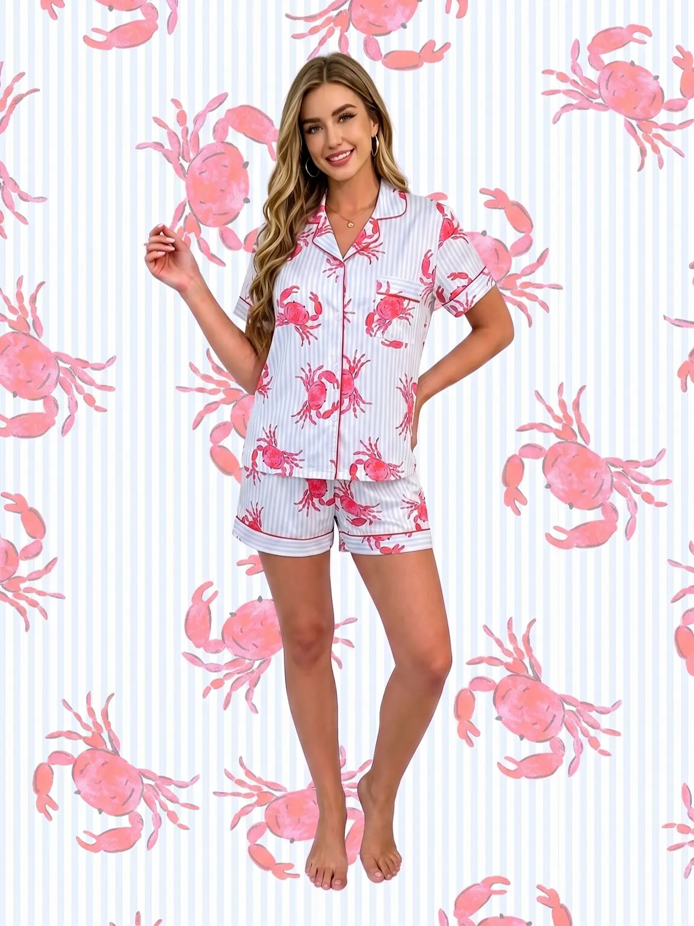 Women's 2-piece pajama set, blue-white stripes with hand-drawn red crab prints. Fresh seaside casual style. Red trim, lapel top with chest pocket, elastic waist shorts, soft and comfy, ideal all-season women's loungewear