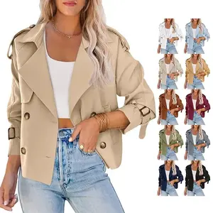 18ACTIVEKITWomen's crop top double breasted trench coat with shoulder sleeves and office cut jacket with pockets