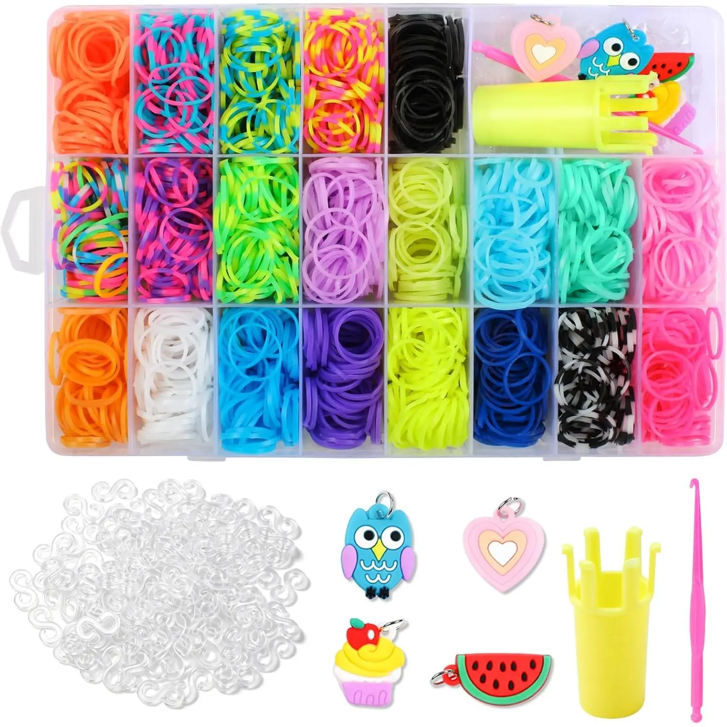 2000+ Rubber Band Bracelet Kit, Loom Bracelet Making Kit with 1 Crown Loom, 100 S-Hooks, 5 Pendants, 1 Small , 1 Instruction,   Rubber Bands for Weaving DIY Crafting