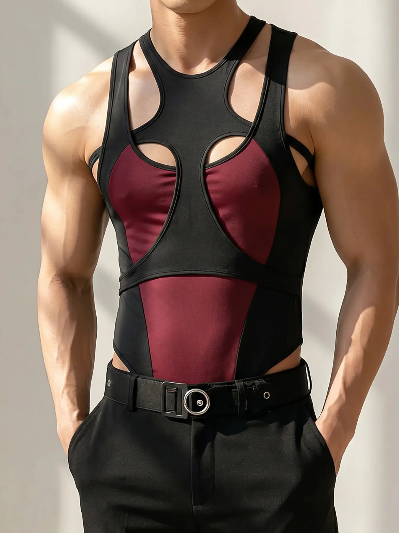 INCERUN Men's Deconstructed Patchwork Colorblock Triangle Sleeveless Romper, Perfect for Streetwear, Trendy and Comfortable