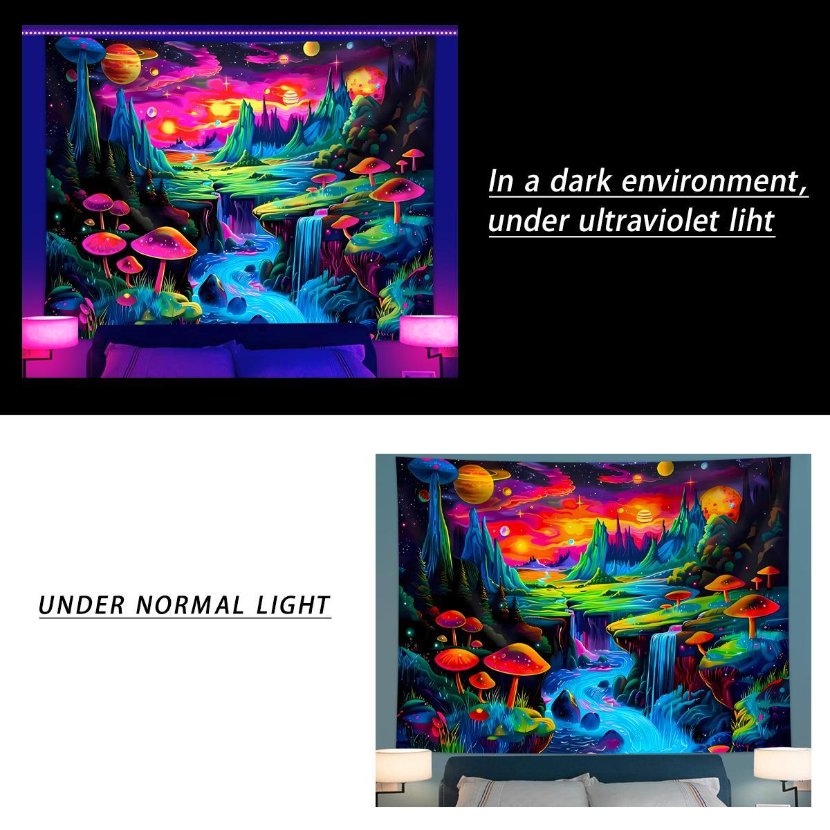 Neon Mushroom Landscape Tapestry, 1 Count UV Responsive Black Light Glow in the Dark Tapestry with Installed Accessories, Wall Decor for Home Living Room Bedroom