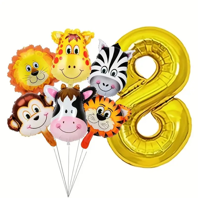 7pcs 32 Inch Number Aluminum Foil Balloons, Cartoon Mini Animal Head Balloons for Kids Birthday Party Decorations, Balloon Party Supplies