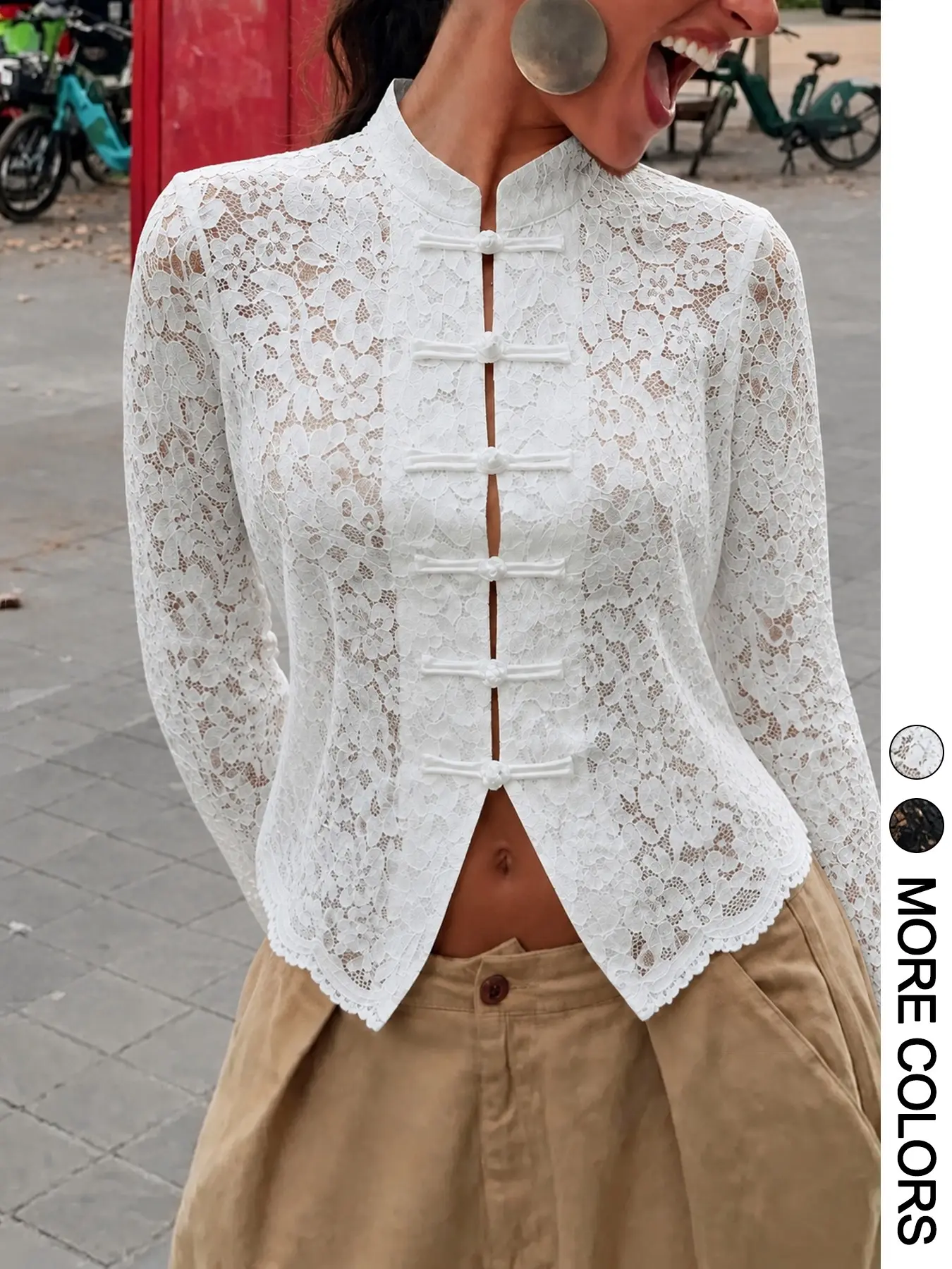 Women's Stand Collar Long Sleeve Lace Top, Traditional Button Front Slim Fit Floral Lace Shirt, Vintage Oriental Style, Casual Wear