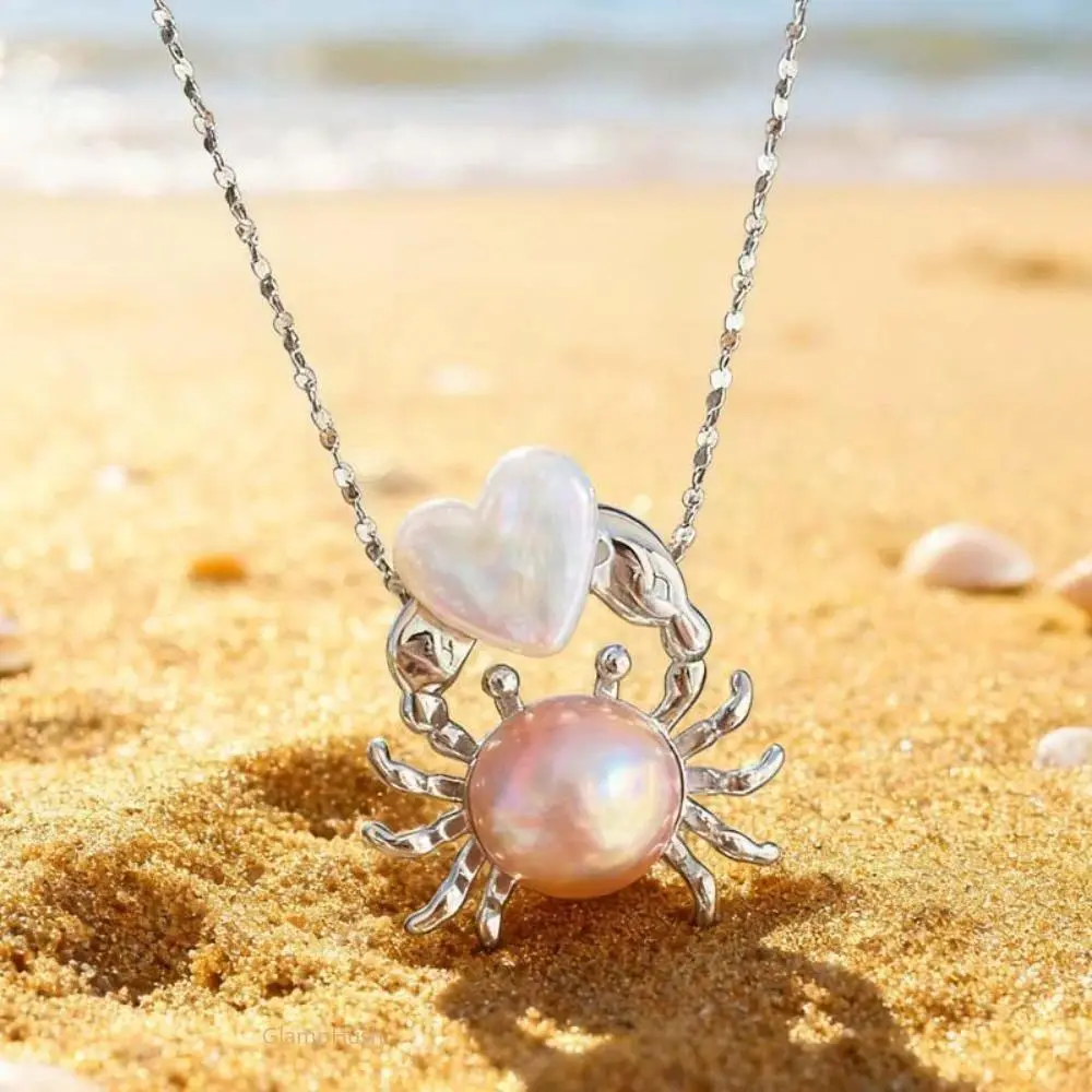 Sterling Silver Crab Heart Pearl Necklace for Women, Viral Cute Ocean Pendant Necklace, Hypoallergenic Cancer Zodiac Jewelry, Coastal Mermaidcore Beach Necklace, Dainty Everyday Jewelry, Trendy Gift for Her