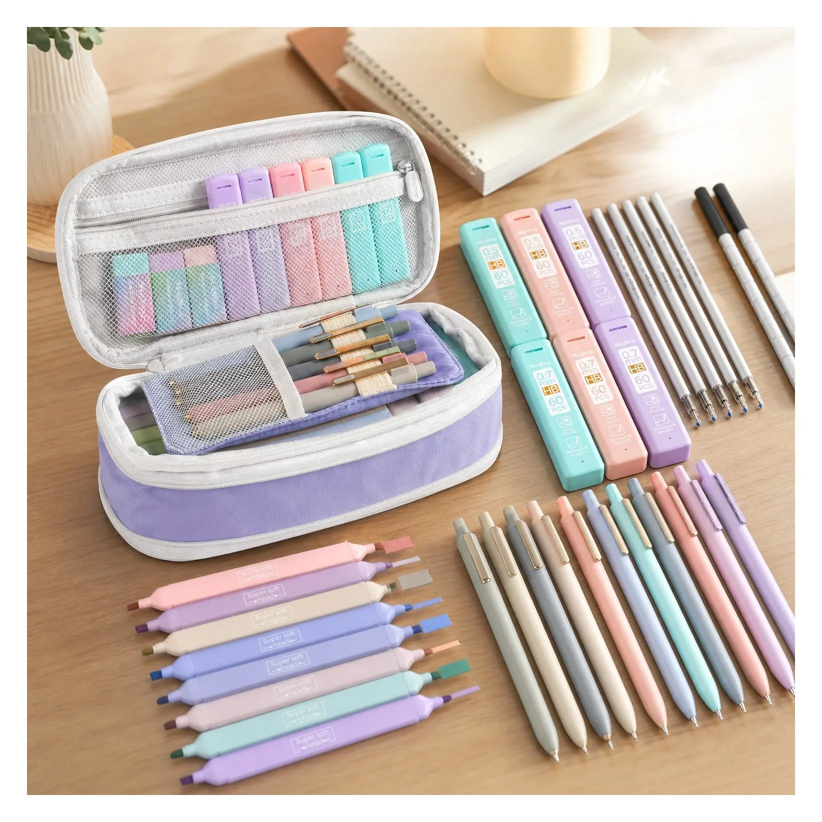 39 PCS Purple School Supplies Stationery Set with Pencil Case - Back to School Essentials for College & Nursing Students, Includes 12 Highlighters, 5 Gel Pens, 6 Mechanical PencilsGift