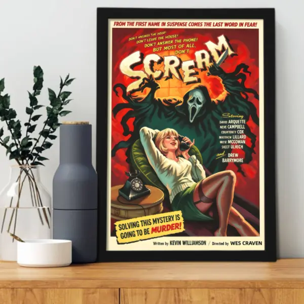 Scream Movie Vintage Horror Slasher Canvas Poster - Unframed Print, Black Aluminum Frame Option, Retro Cinema Home Decor for Bedroom, Cool Gift for Horror Fans, Demon Slayer Themed Wall Ornament