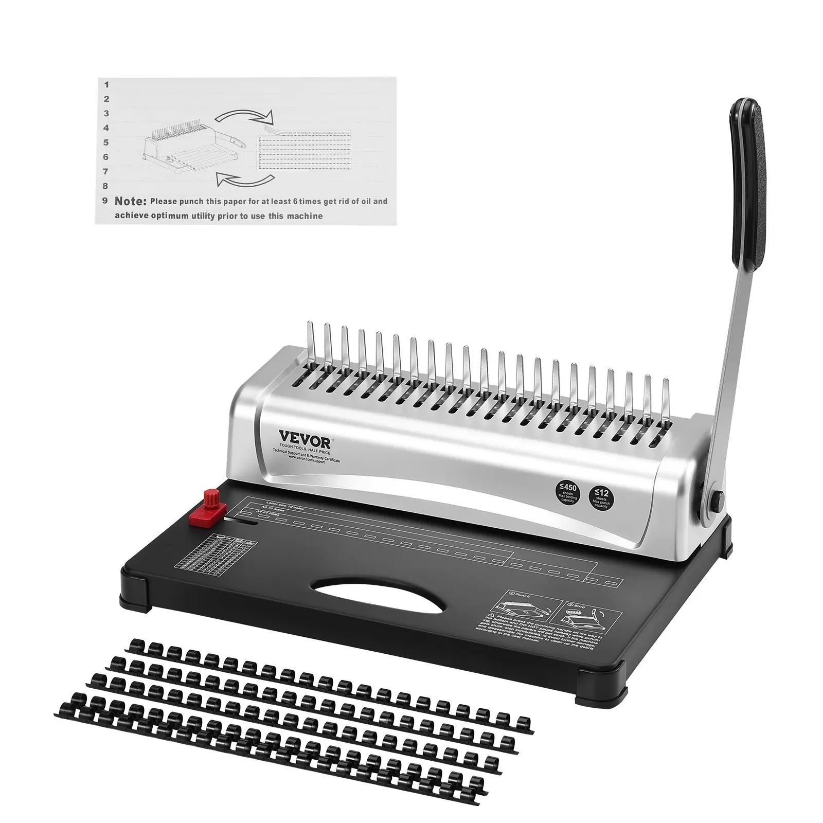 【DealsForYouDays】VEVOR Binding Machine, Comb Binding Machine 21-Holes Binding 450 Sheets, Book Binder Machine with 100 PCS 3/8'' Comb Binding Spines, for Letter Size, A4, A5