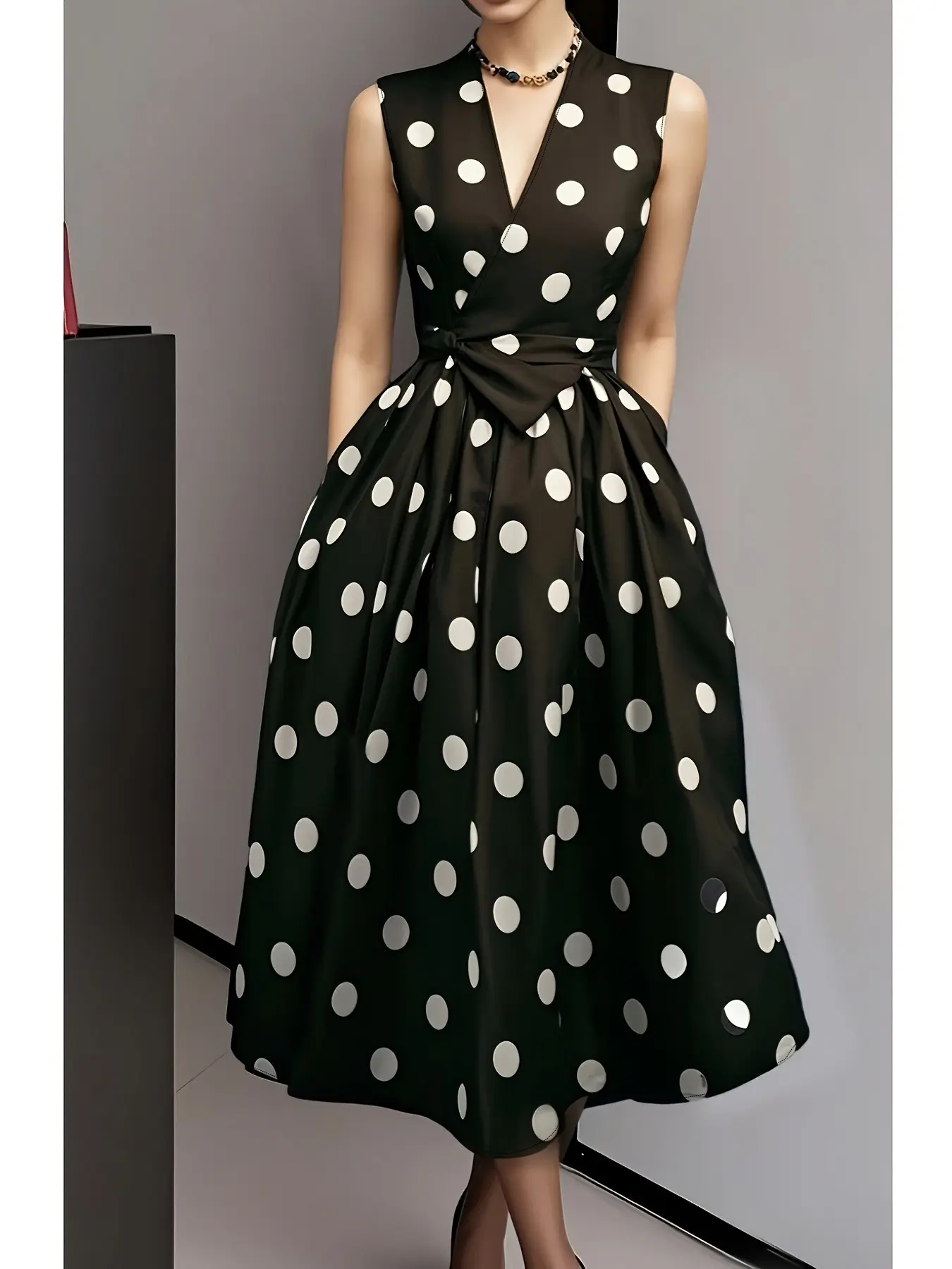 Women's Polka Dot Dress, Deep V Neck, Short Sleeve, Waist Cinch, Boho Style, Pocket Design, Casual Fashion