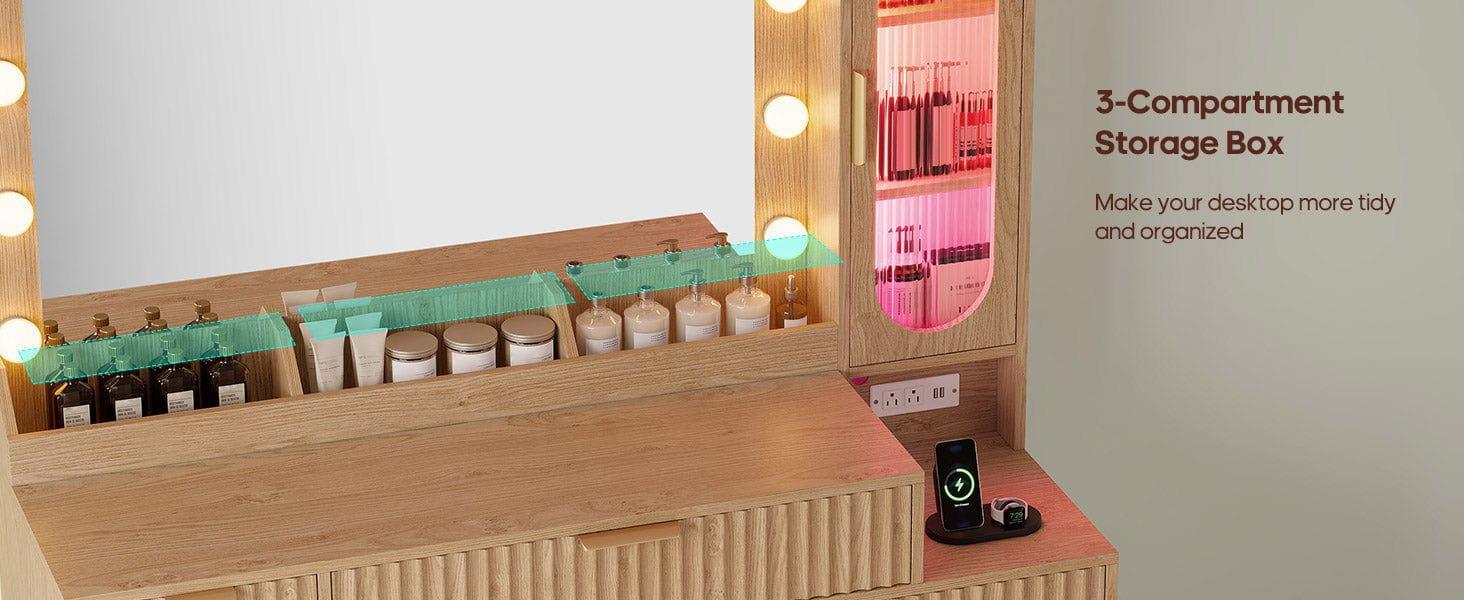 Fluted Makeup Vanity with Charging Station and RGB Lights Oak