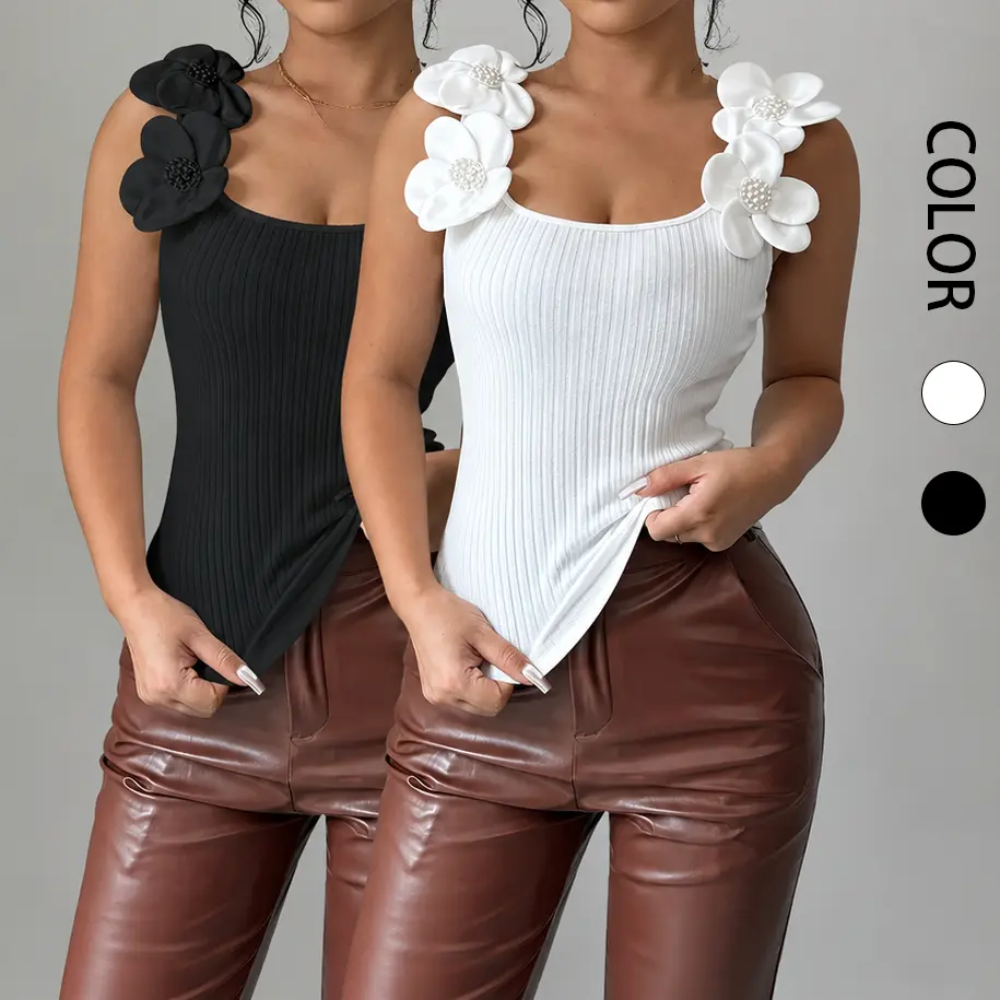 Women's Feminine Floral Flower Knit Ribbed Sleeveless Slim-Fit Collared Cropped Summer Top - Unlined H-Line Silhouette, Ideal for Casual-Dressy Wear (Pairs with Leather Trousers),back to school,back to school shopping, Denim