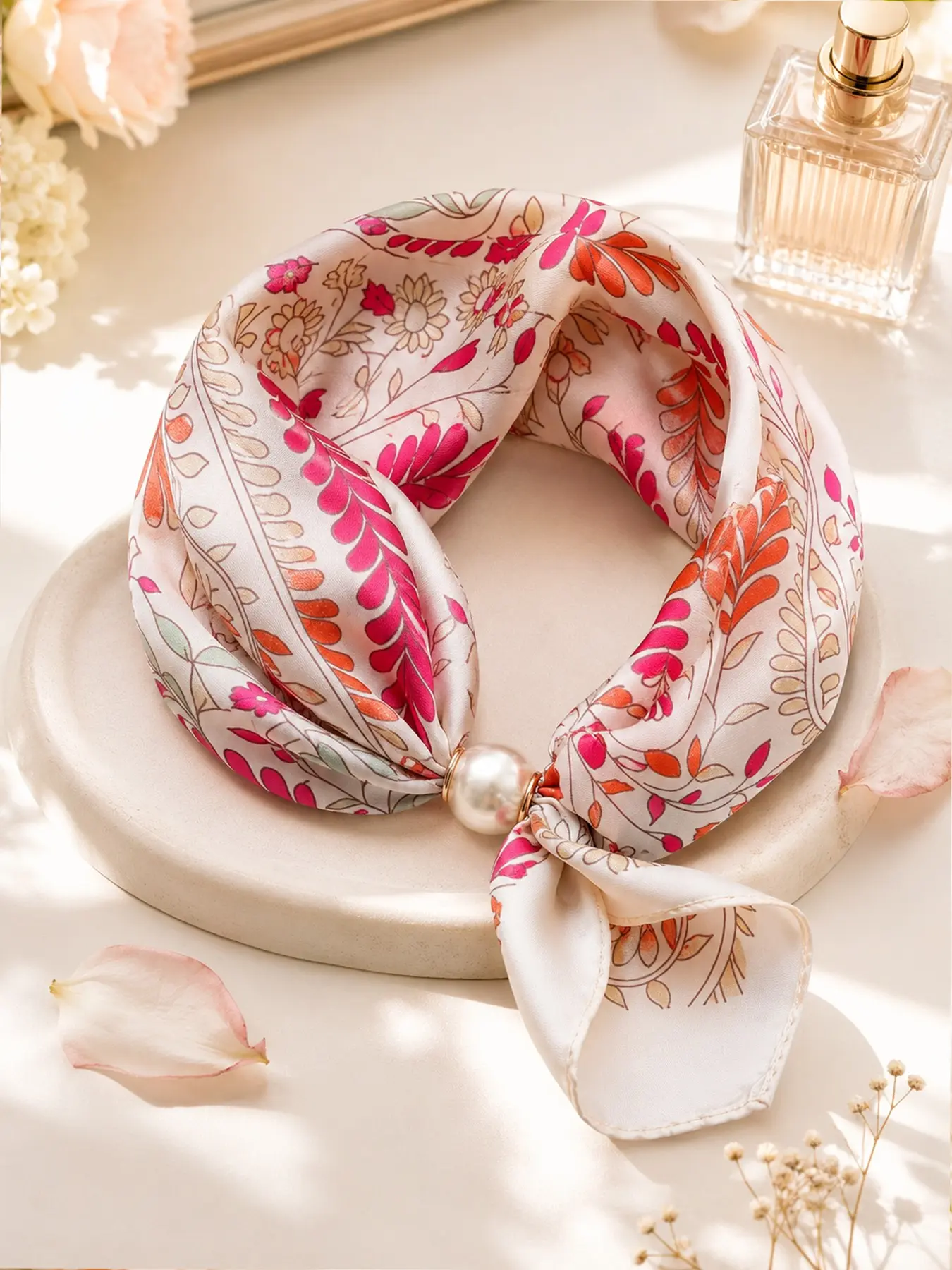 Pearl Magnetic Clasp Necklace Scarf, silk scarf for women Pendant Choker Scarf, Boho Style Scarf, Tignon Scarf, Elegant and Soft Accessory for All Seasons, Versatile Fashion Scarf for Casual and Holiday Wear, Fashion Shawl