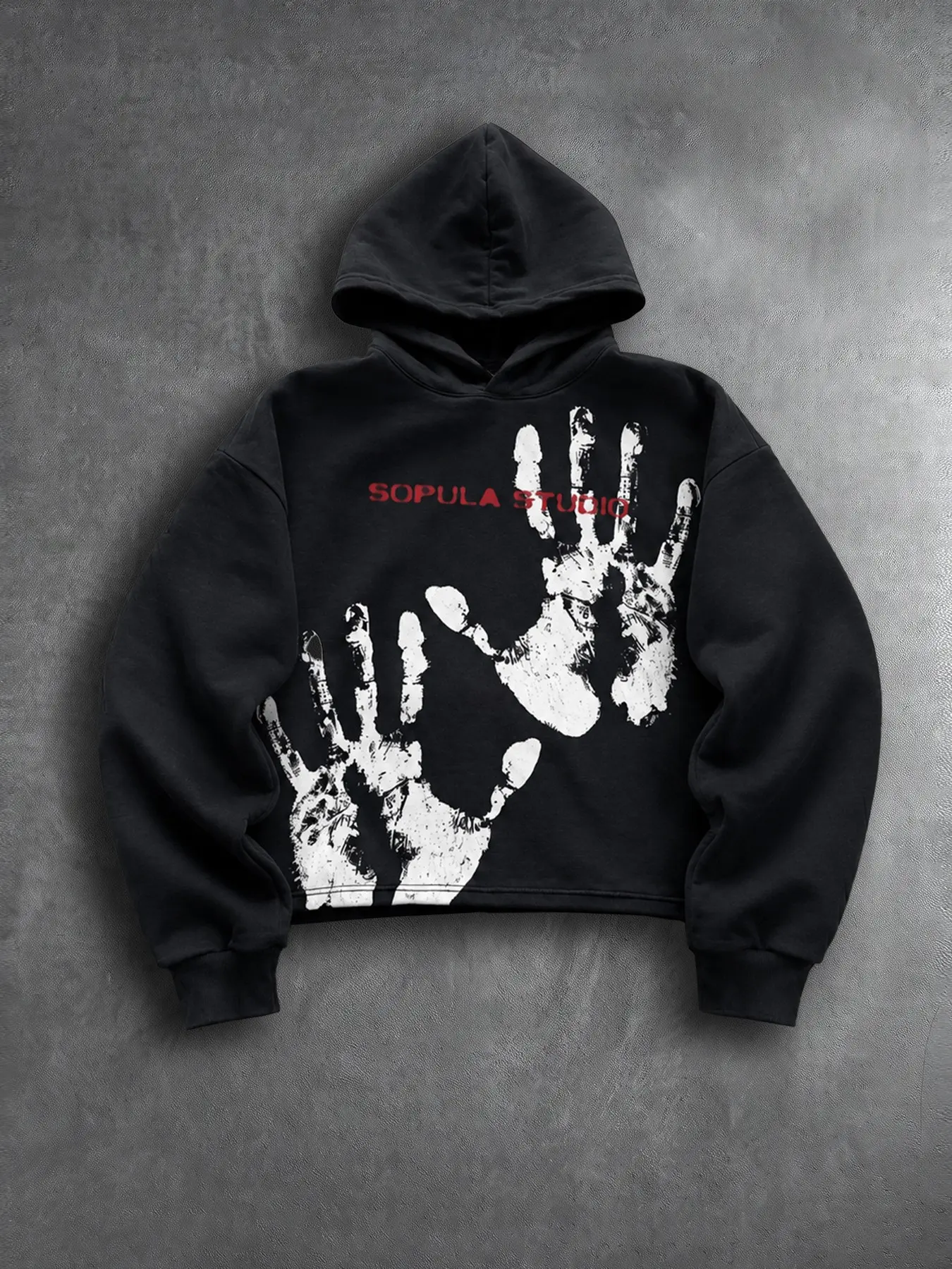 American Vintage Distressed Handprint Cropped Hoodie, High‑Street Drop‑Shoulder Loose Pullover Hooded Top