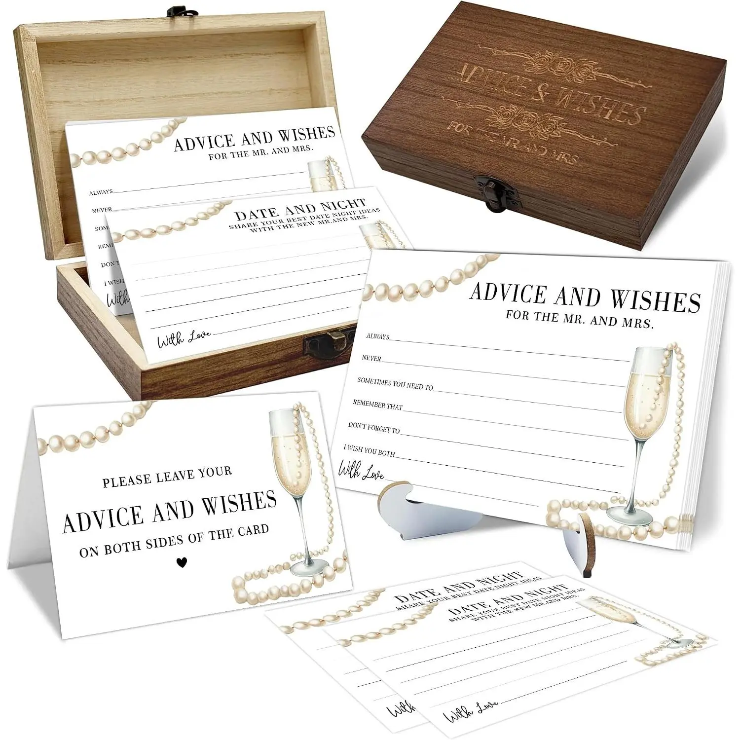 50 Pcs Champagne Wedding Advice Cards with Wood Box, Bride and Groom Well Wishes Box Keepsake, Bridal Shower Party Favors
