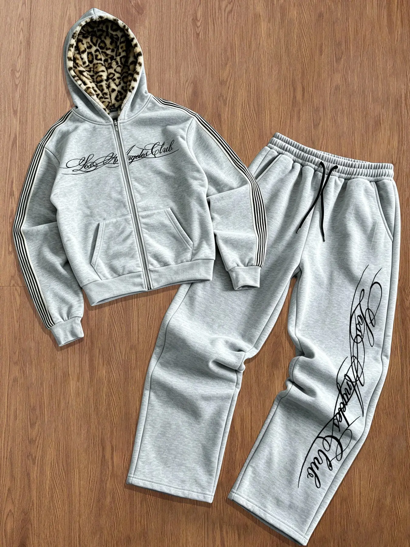 Leopard Print Lined Zipper Hoodie Set, Floral Letter Print Two-Piece Streetwear Set, Casual Sportswear for Men and Women