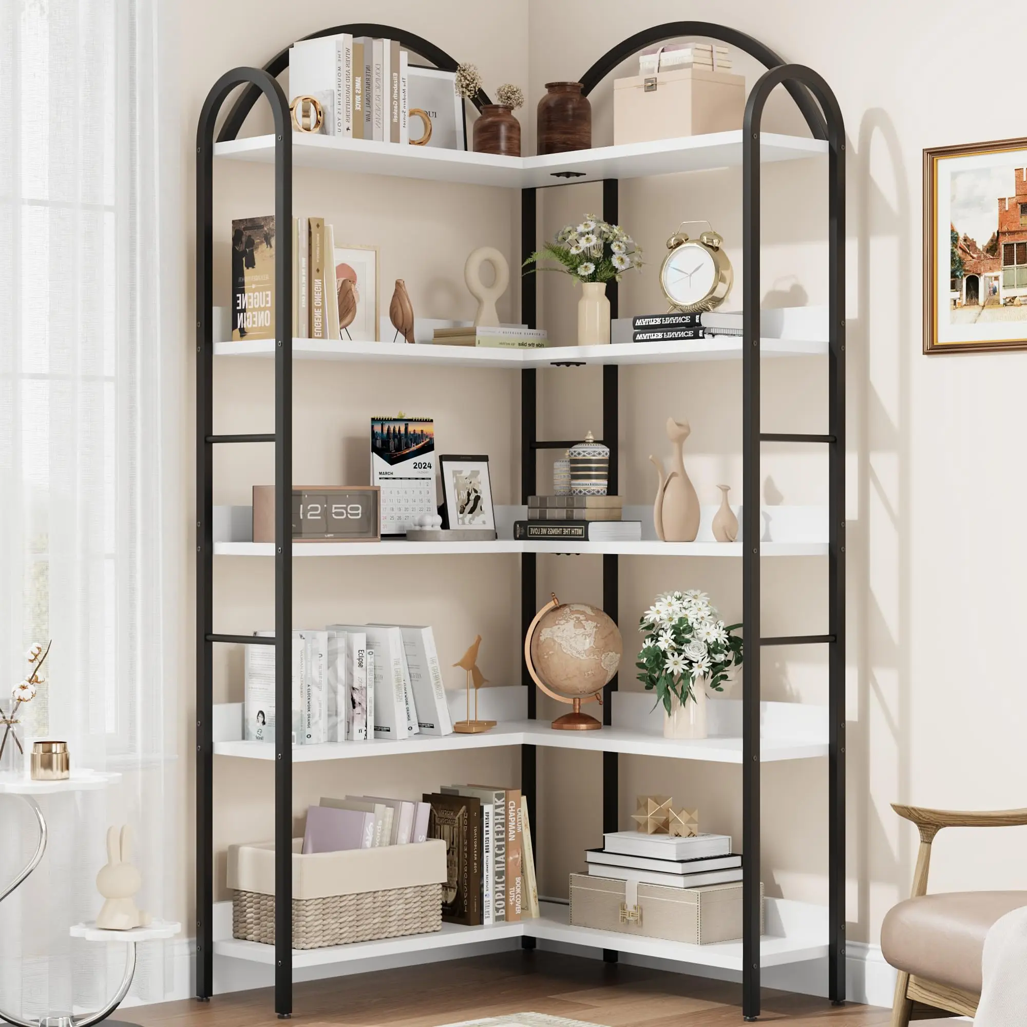 GARVEECorner Bookshelf Industrial Bookcase, L Shaped Arched 5 Tier Corner Shelf with Metal Frame, Large Etagere Shelf for Living Room and Bedroom Display