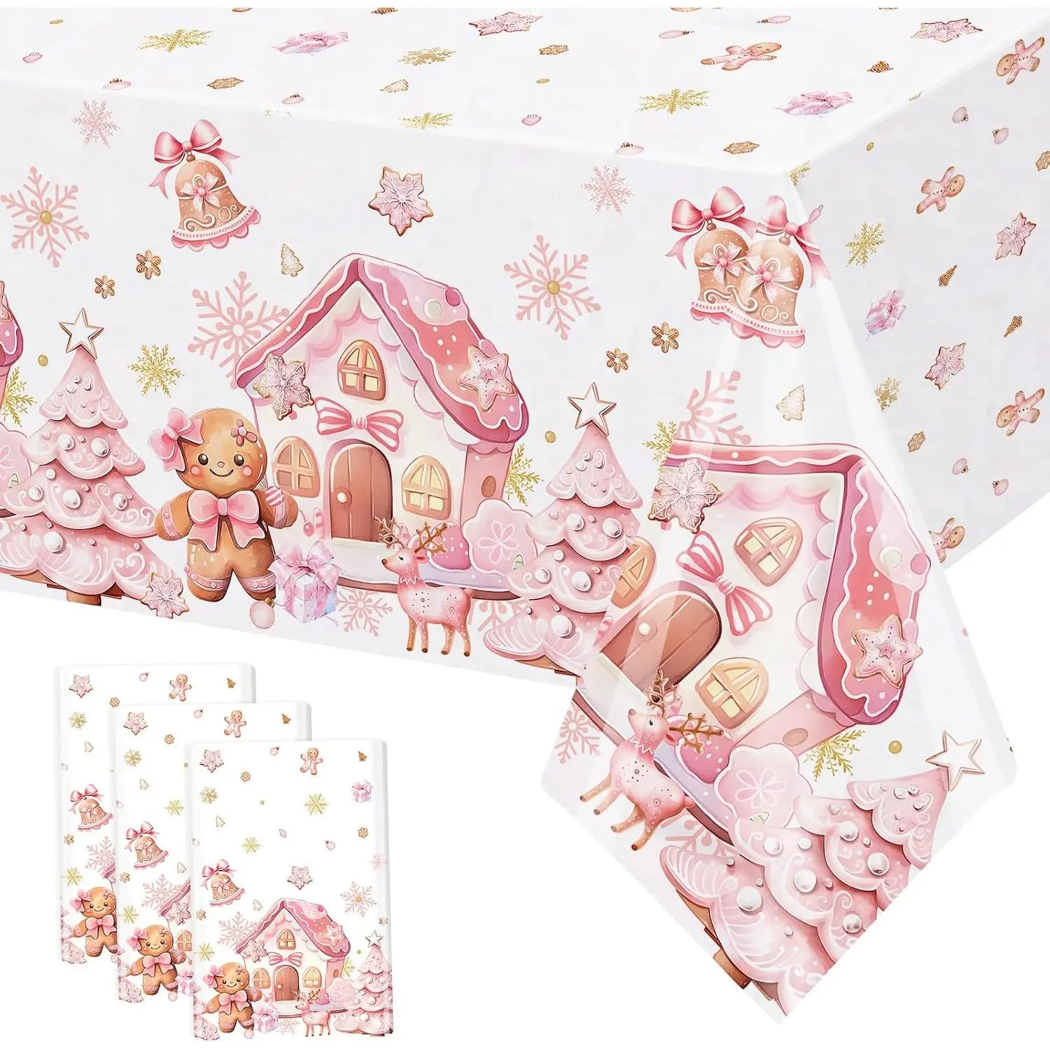 MEHOFOND 3 Pcs Pink Gingerbread Christmas Tablecloth Party Decorations Gingerbread House Table Cover Pink Winter Christmas Cookie Disposable Plastic for Winter Holiday Birthday Party Supplies