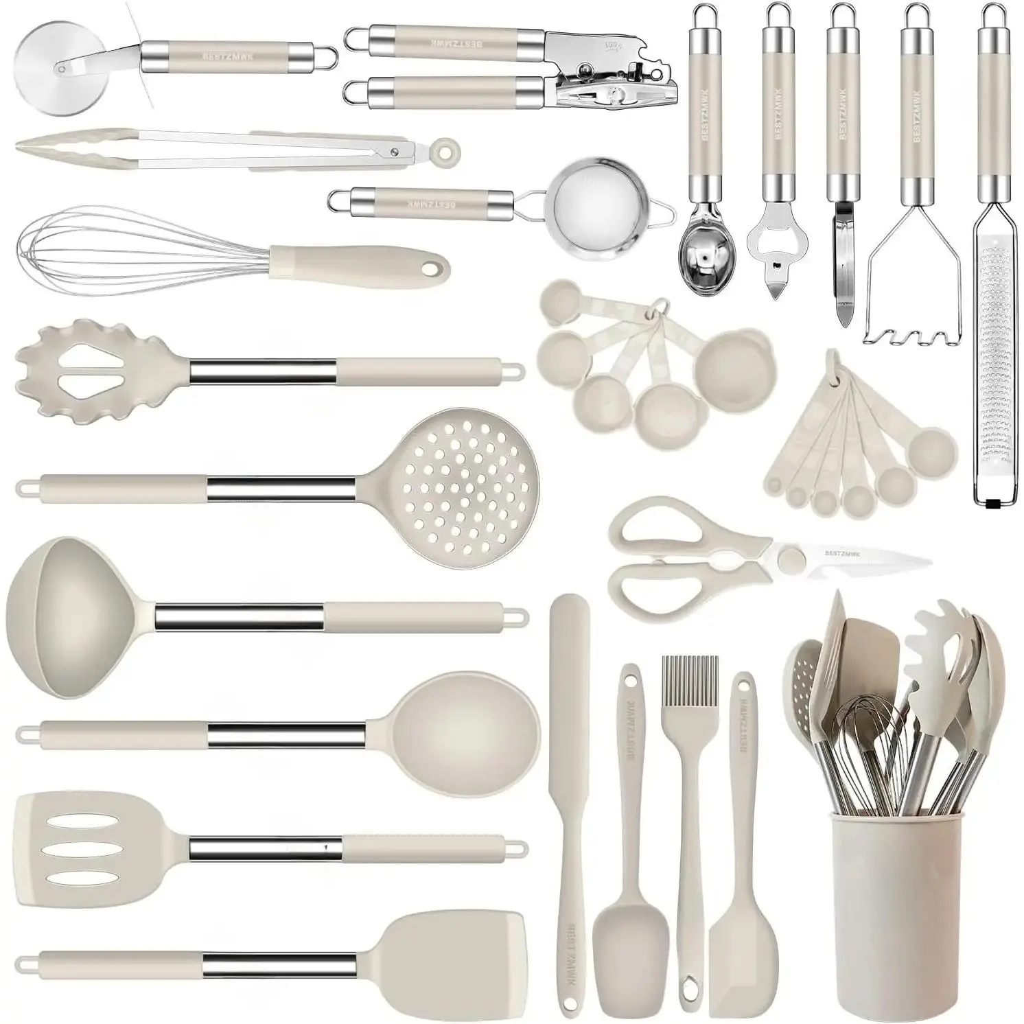 Kitchen Utensils Set- Cooking Utensils-33pcs Non-Stick  Cooking Kitchen Utensils Spatula Set with Holder- Kitchen Cookware with Stainless Steel Handle (Khaki)