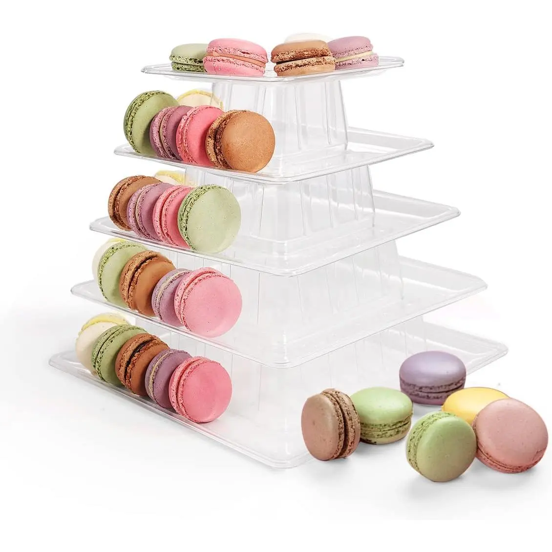 5 Tiers Square Macaron Tower Stand, Plastic Transparent Cake Stand Macaroon Display Rack Desserts Cupcake Holder Platter for Wedding, Birthday Party,  Shower, Party Decor