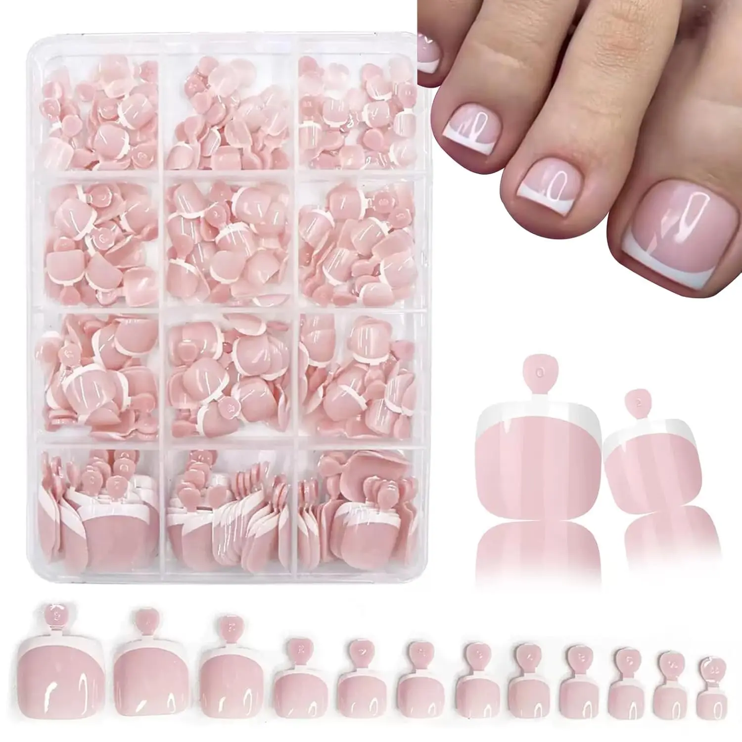 240Pcs White French Tip Press on Toenails Short Square Fake Toe nails Press ons with Design Stick on Toe nails Reusable Acrylic False ToeNails Artificial Glue on Toenails for Women Nails Manicure