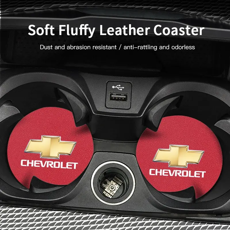 2Pcs Car Leather Coaster Mat Anti-slip Water Cup Pad Car Interior Accessory, Automotive Interior Accessories For Chevrolet Corvette Montana TrailBlazer Silverado Traverse Camaro Suburban Equinox Bolt Cruze Malibu Colorado Trax SS Spark