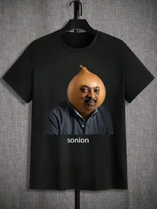 Sonion Onion Face Meme Print T-Shirt, Viral Subculture Casual Tee, Fun Daily Wear, Fitted Long Top, No Button or Zipper, Unlined