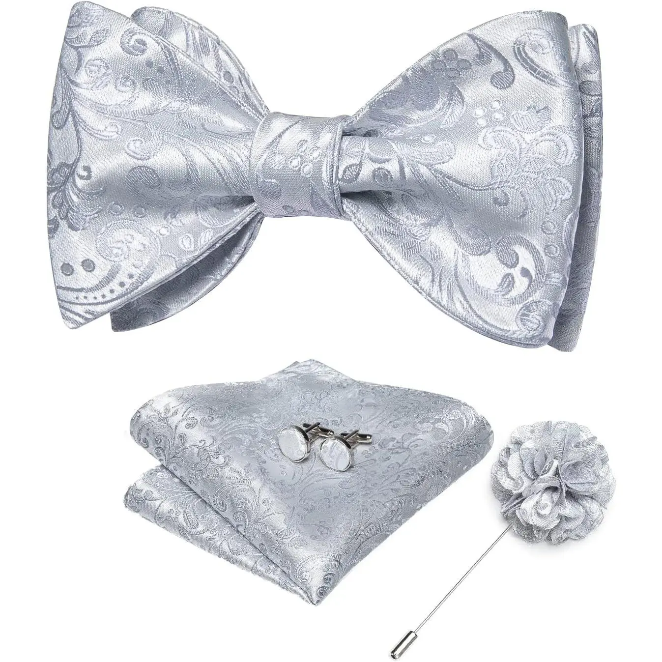 Men's Silver Grey Bowtie and Lapel Pin Set Silk Woven Self-tied Bow Tie Pocket Square Cufflinks Set
