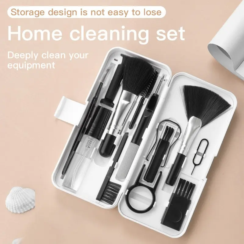 Multi-Functional Digital Cleaning Kit, Compact Storage Box, Includes Brushes, Earphone Cleaner, Key Remover, Spray Bottle, Microfiber Cloth, Phone Stand