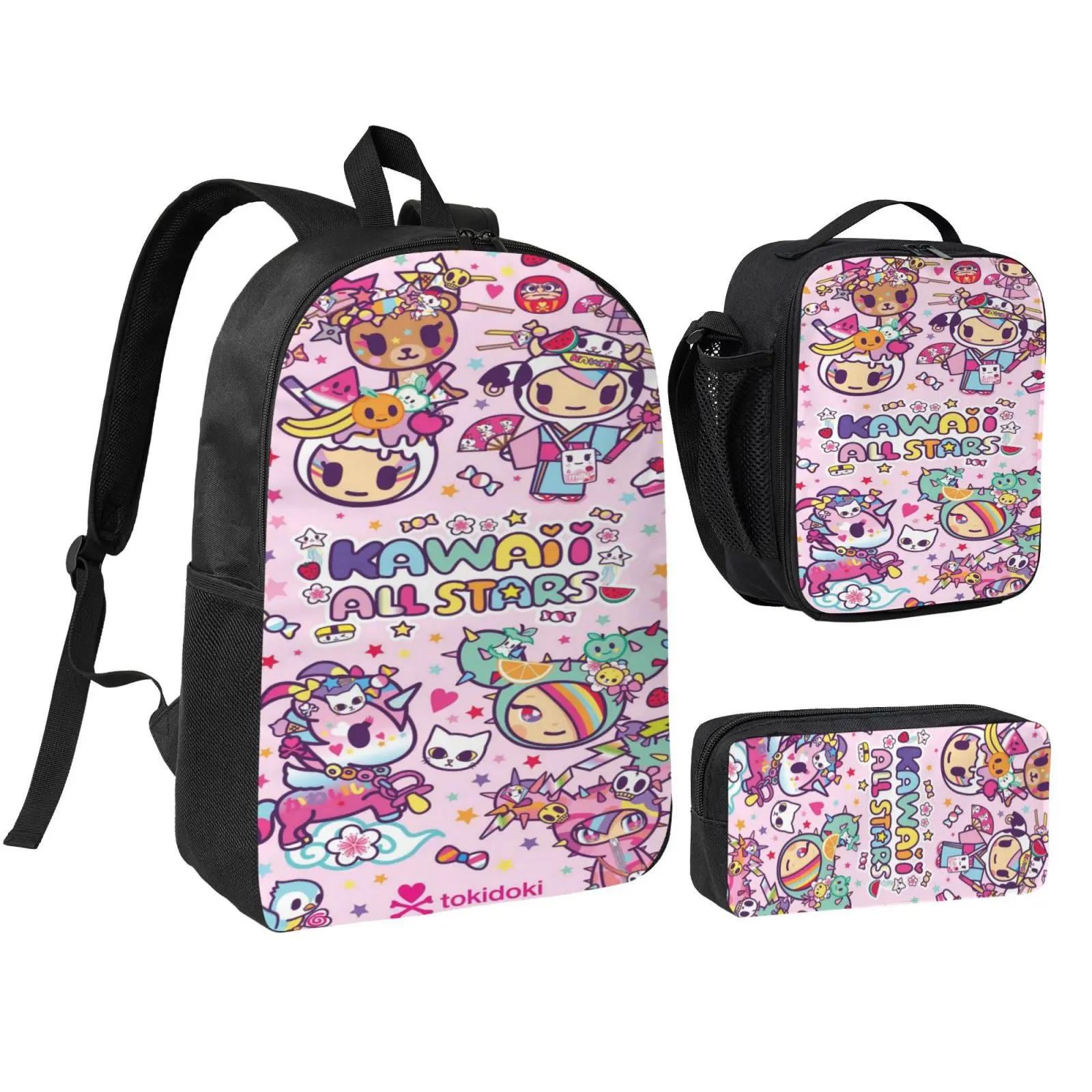 Anime Tokidoki Kids School Bag Set, Teen Boys Girls Backpack with Adjustable Shoulder Straps, Multipurpose Bookbag with Lunch Box Pencil Bag for School Travel Office Daily Use