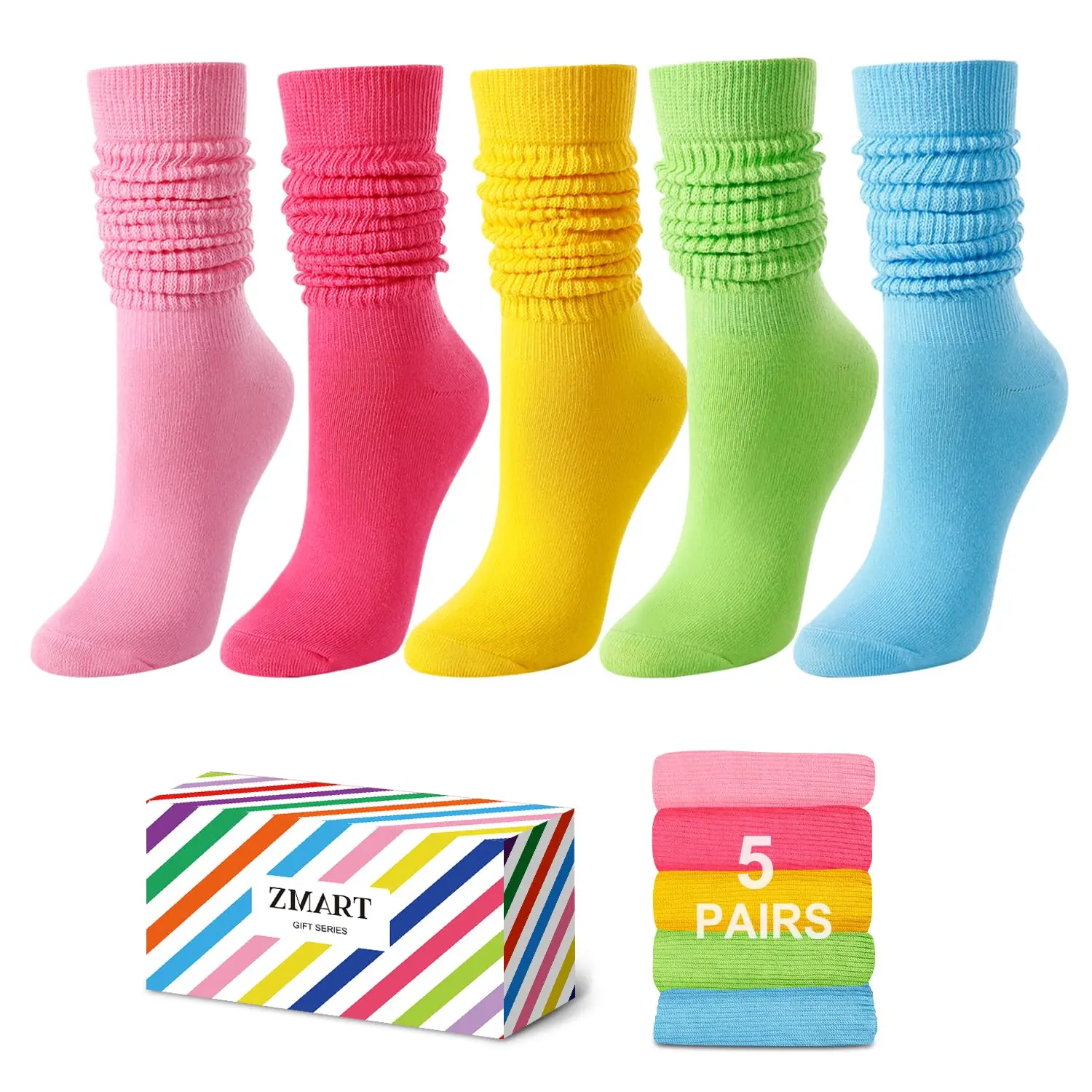 Zmart 5 Pairs Colorful Slouch Socks For Women Girls, Scrunch Socks Women, Cotton Long High Tube Socks Neon Pink Green Yellow Blue, 80s Gifts, 90s Gifts