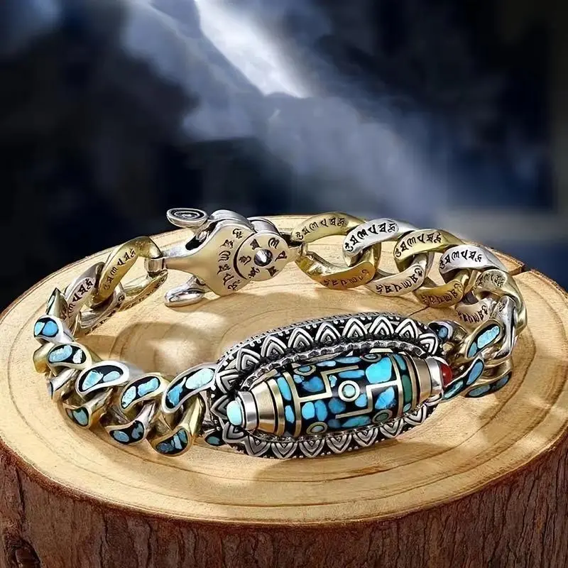 Tibetan Style Six-Syllable Mantra Nine-Eyed Dzi Bead Bracelet Turquoise Good Luck Meditation Amulet Anklet Daily Wear
