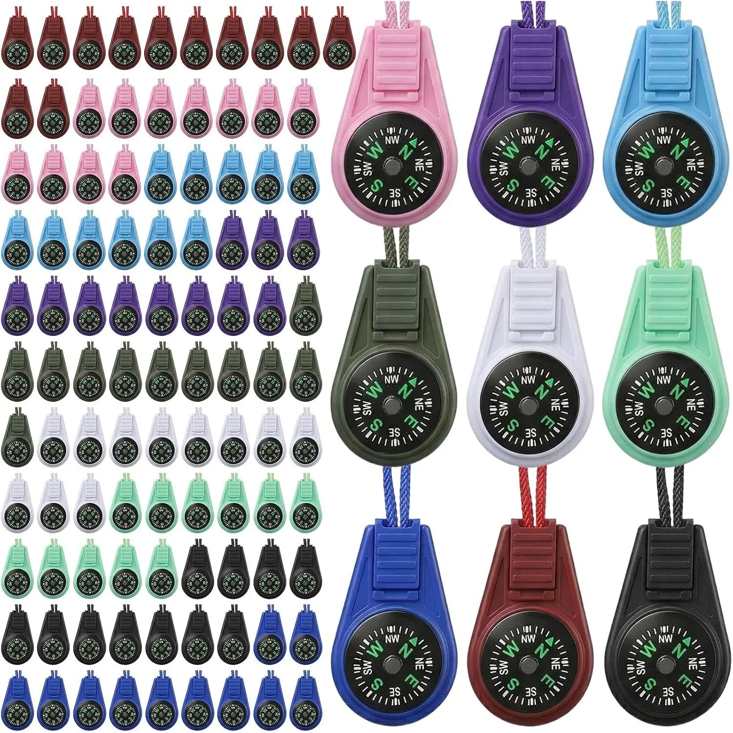 100 Pack Mini Compass Keychain Set, Multi-Color Survival Hiking Compasses with Paracord, Bulk for Outdoor Adventure Camping Backpacking Emergency Kits