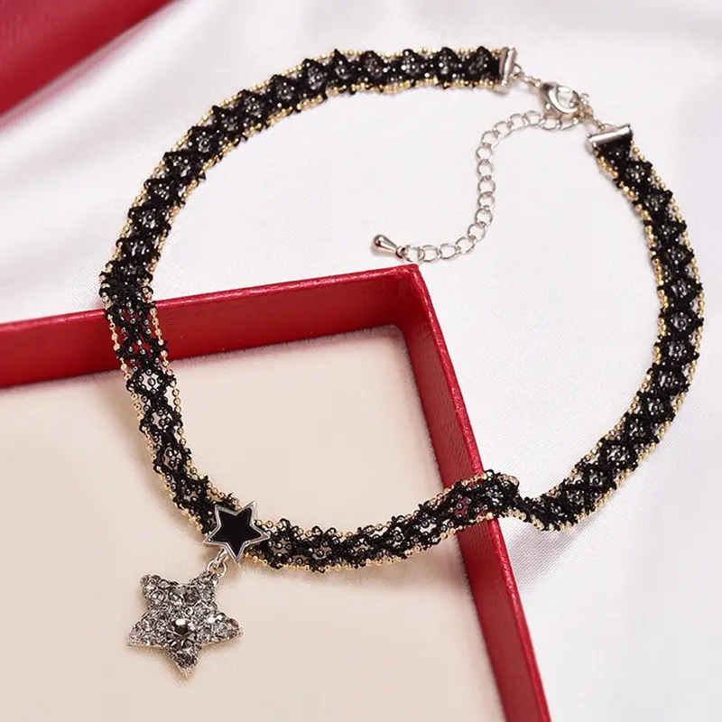 Black Woven Choker with Star Pendant - Y2K Rhinestone Star Charm Necklace, Edgy Aesthetic Jewelry for Women.