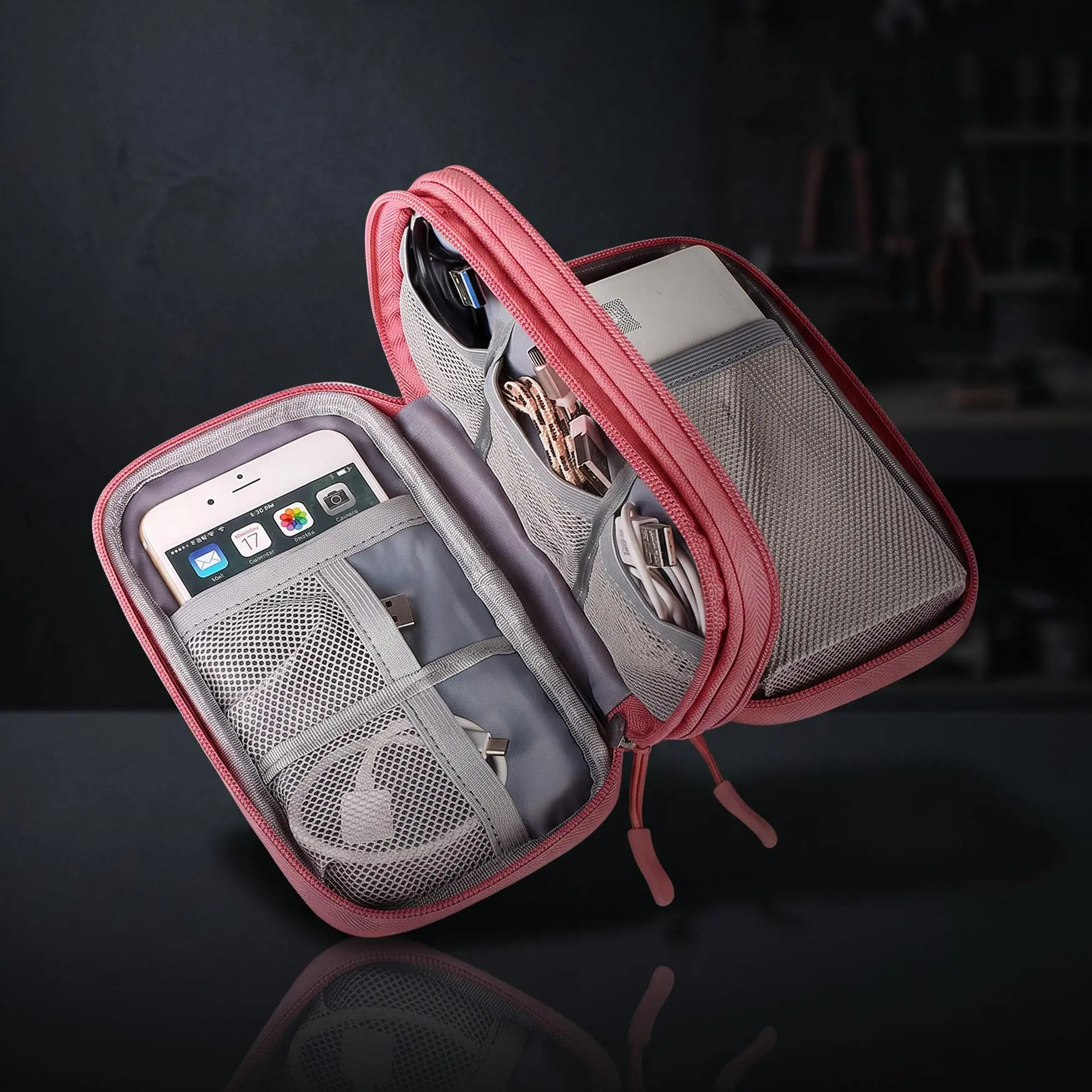 Premium Quality Material Lightweight Double-Compartment Electronic Organizer Bag, Compact Heavy-Duty Shockproof Black Fabric Storage Case (7.5in L x 4.3in W x 2.2in H) for Power Bank, USB Cables, Chargers, Mouse, Earphones, Flash Drives