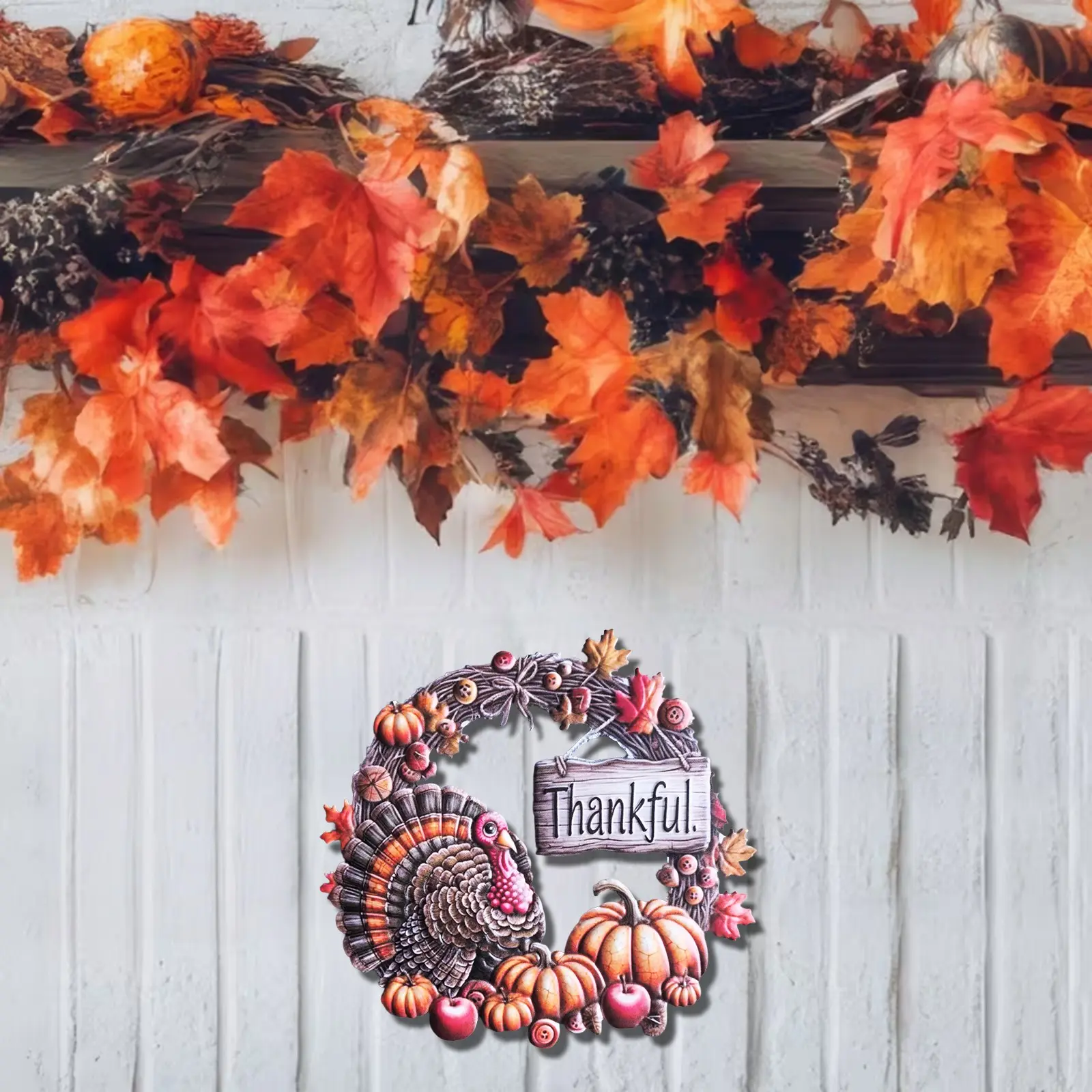 Thanksgiving Turkey Metal Wreath Hanging Decor, Pumpkin Maple Leaf Door Sign, Fall Harvest Front Door Wall Decoration, Holiday Ornament