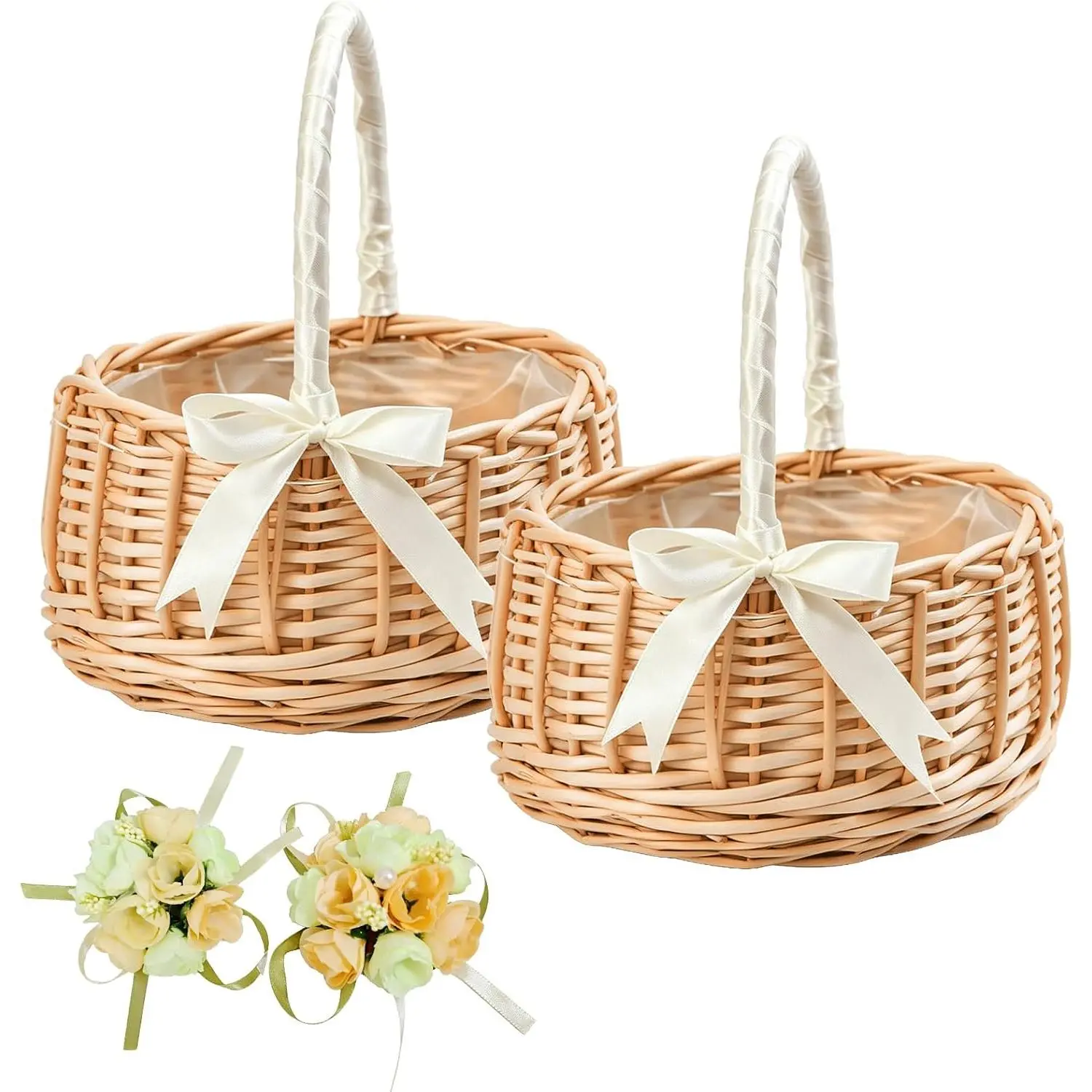 Set of 2 Rustic Flower Girl Baskets, Lightweight Handwoven Natural Wicker Wedding Prop with Lace Ribbon Bow & Waterproof Lining for Ceremony, Gift, Box, Plastic