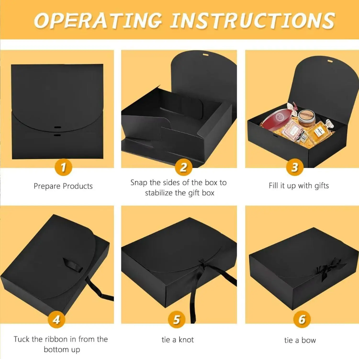 Luxury-basic black gift box set of 10, with a lid, comes with a beautiful ribbon. The design is simple and elegant, suitable for packaging as a gift for festivals, parties, or special occasions. It also includes accessory items.