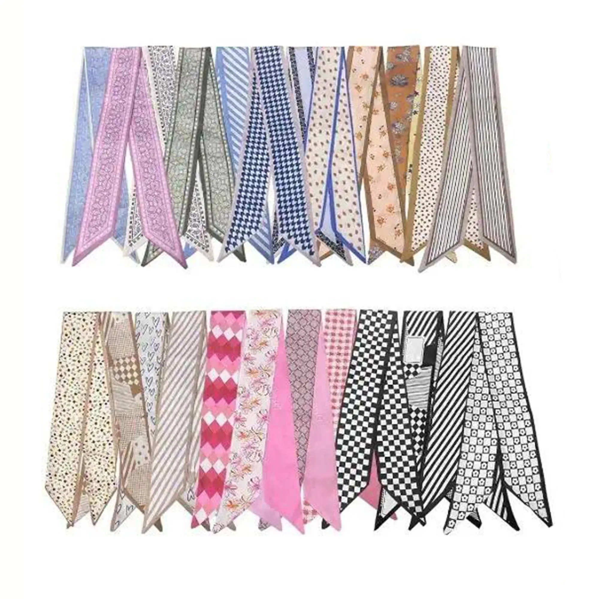 24-Pack Women's Skinny Scarves, 38.6" Long Silk-Like Neckerchiefs with Assorted Prints, Fashion Head Wrap for Hair & Bag Handles, Hair Scarf, Head Scarf Hairstyles