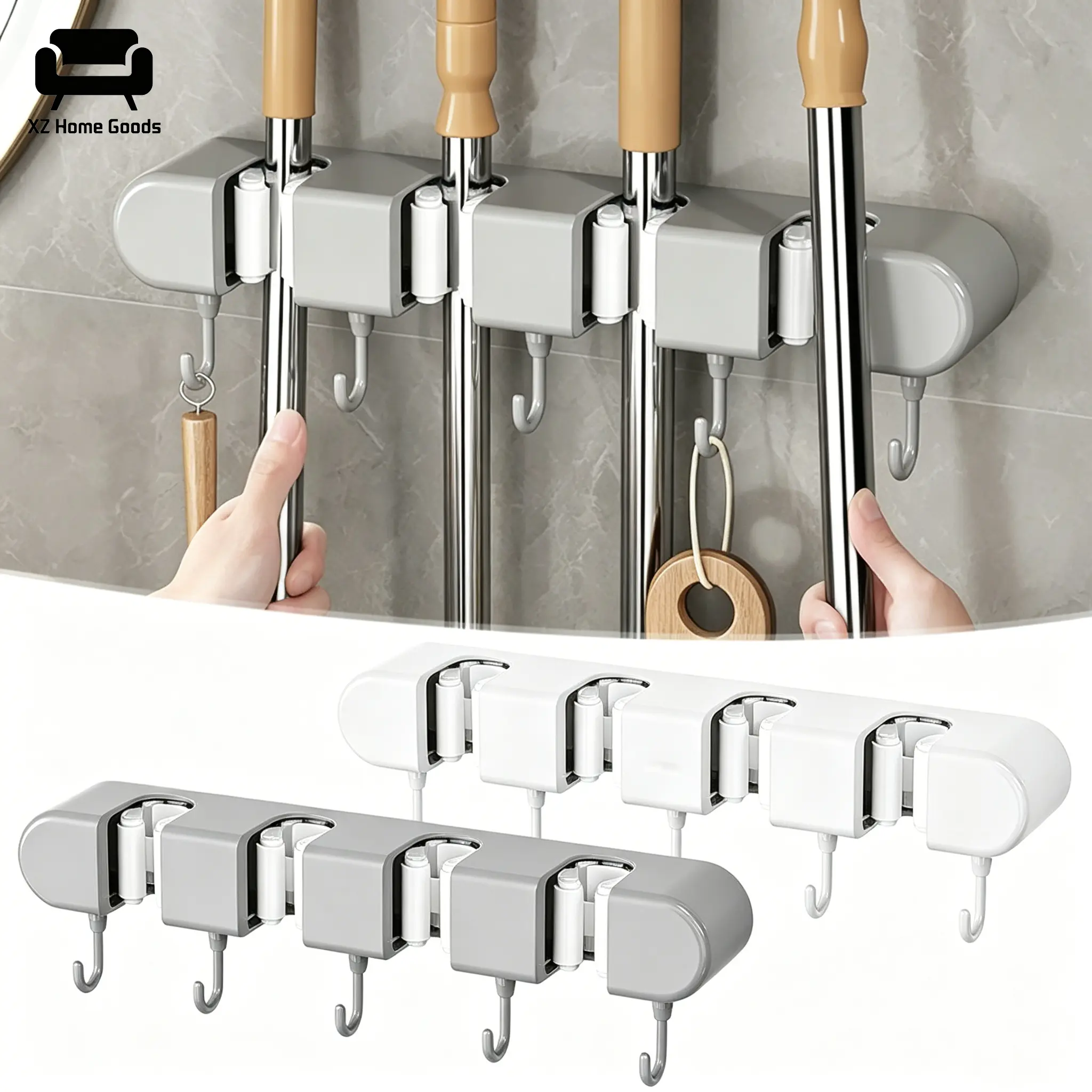 No Drill Wall Mount Broom & Mop Holder, Heavy-Duty Stainless Steel Self-Adhesive Adjustable Anti-Slip Hooks, Space-Saving Multi-Purpose Storage Organizer for Bathroom, Kitchen, Garage & Laundry Room, Back to School Must-Have