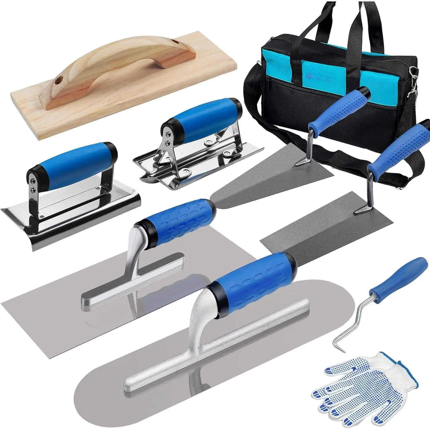 10 PCS Concrete Trowel Set, Professional Masonry Hand Tool Set | Large Flat Finishing and Pool Trowel, Wood Float, Concrete Edger and Groover, Margin Gauging, Wire Twister,Gloves & Carry Bag