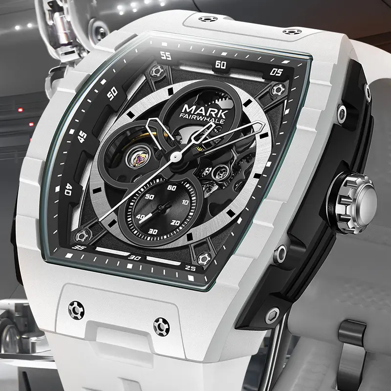 Mark Fairwhale Men Mechanical Wristwatch Fashion 47mm large dial Tonneau  Luminous Waterproof Rubber Strap Sport 6003 Watch For Men