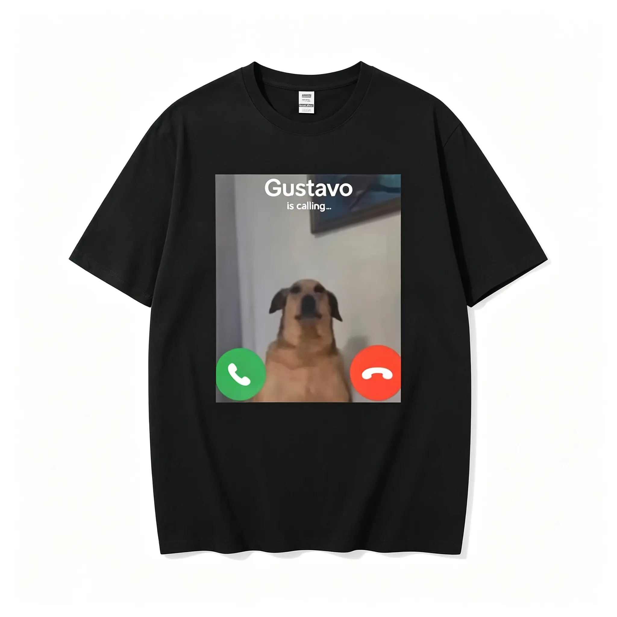 Gustavo Is Calling Gustavo The Dog Funny Phone Call Graphic T Shirt Black Casual Short Sleeve Round Neck Streetwear Apparel