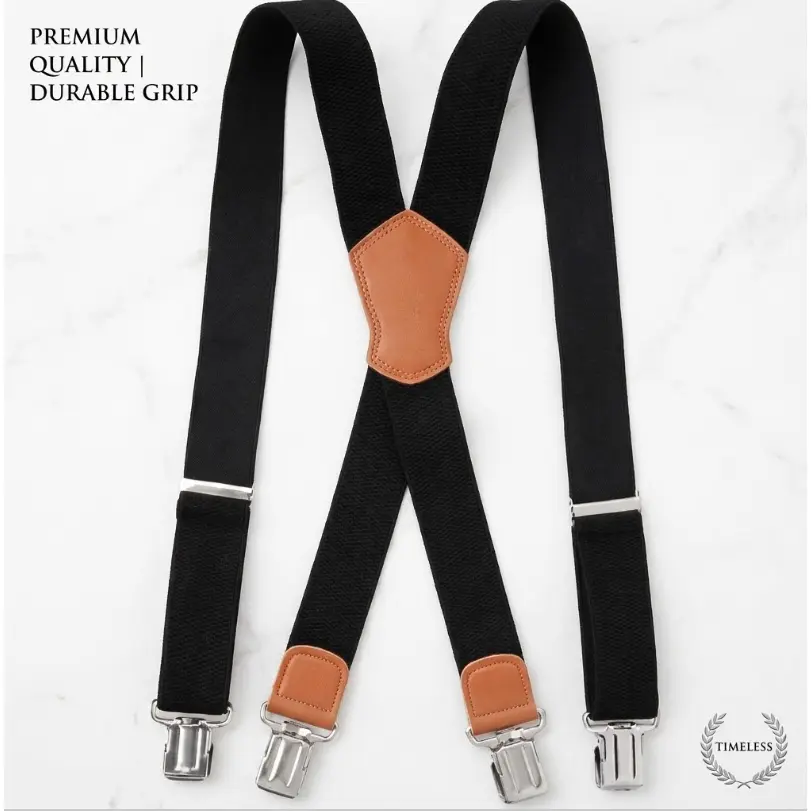 1.48" Extra Wide Work Suspenders for Men - Heavy Duty X-Back Elastic Braces with 4 Strong Steel Clips & Brown Leather Crosspatch for Jeans & Trousers